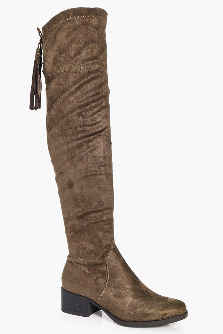 Boohoo Natasha Back Lace Over The Knee Boot Mocha