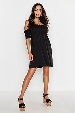 Boohoo Short Sleeve Off The Shoulder Shirred Top Skater Dress