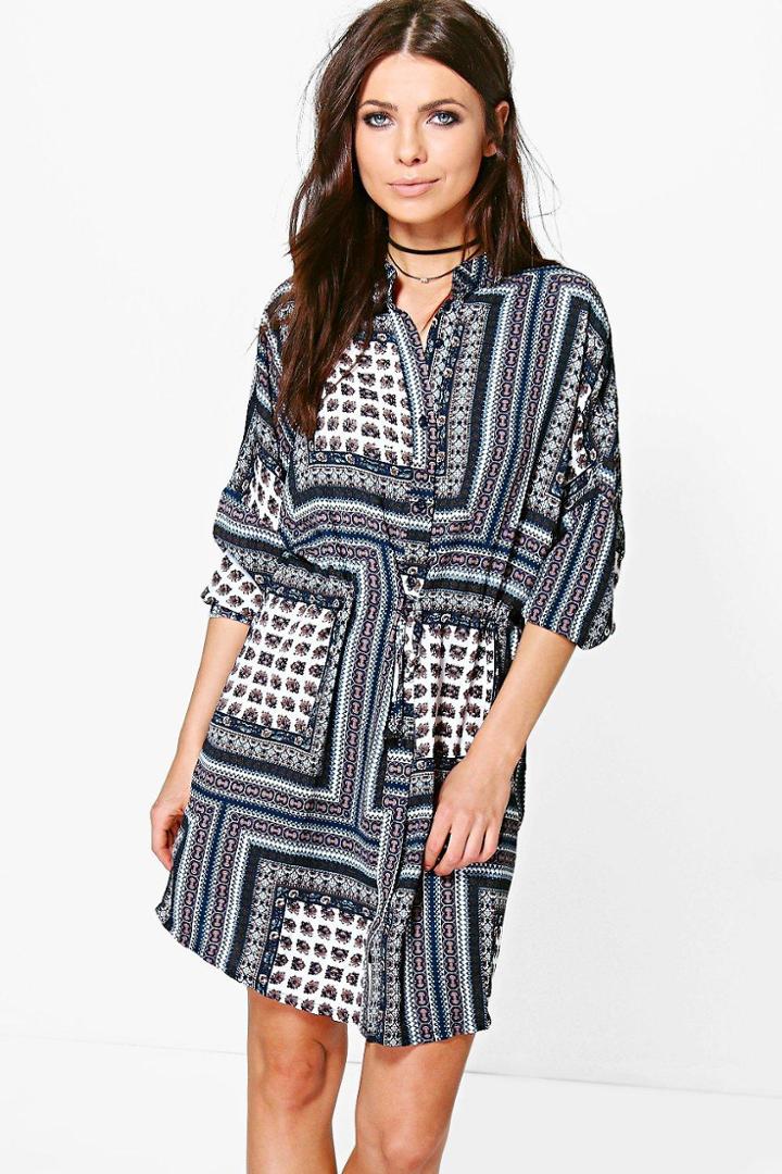 Boohoo Amy Paisley Border Print Tie Front Shirt Dress Navy