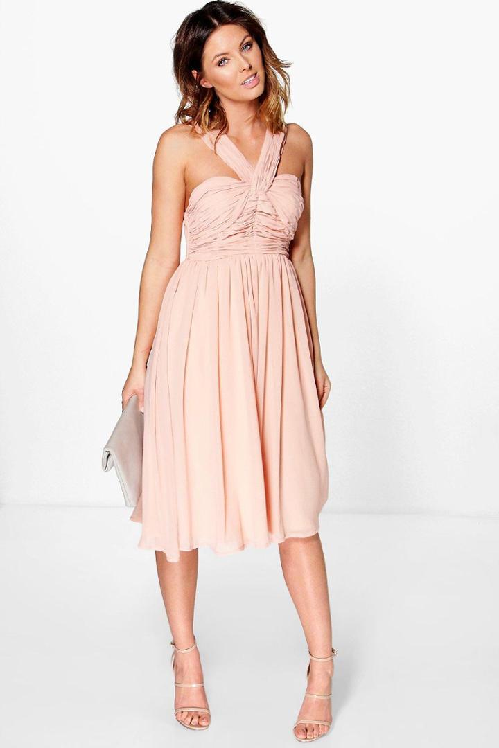 Boohoo Rowa Pleated Strappy Midi Skater Dress Blush