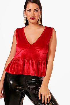 Boohoo Plus Demi Velvet Frill Hem Crop Top