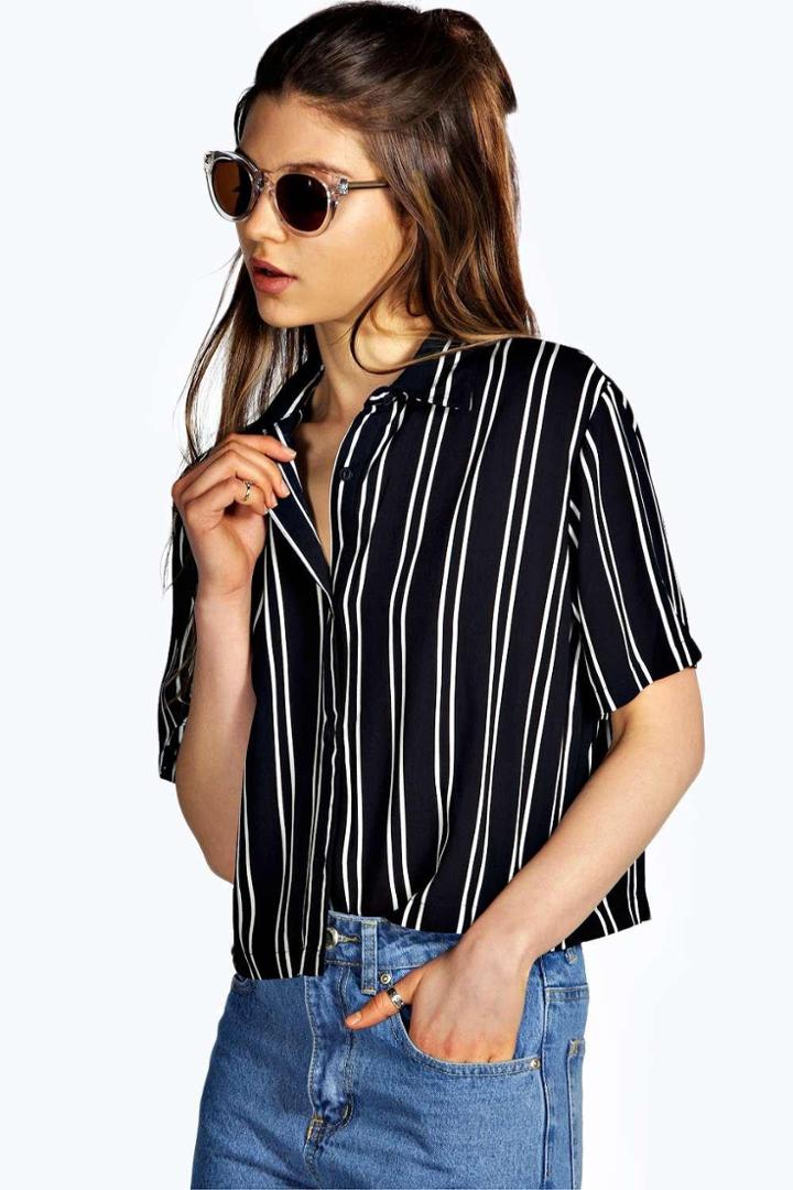 Boohoo Ivy Striped Short Sleeve Boxy Shirt Navy