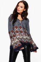 Boohoo Helen Border Print Lace Up Front Blouse Navy
