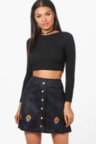 Boohoo Alexi Embroidered Hem Button Front Suede Skirt Black