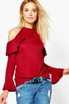 Boohoo Georgia Ruffle Cold Shoulder Rib Knit Jumper Wine