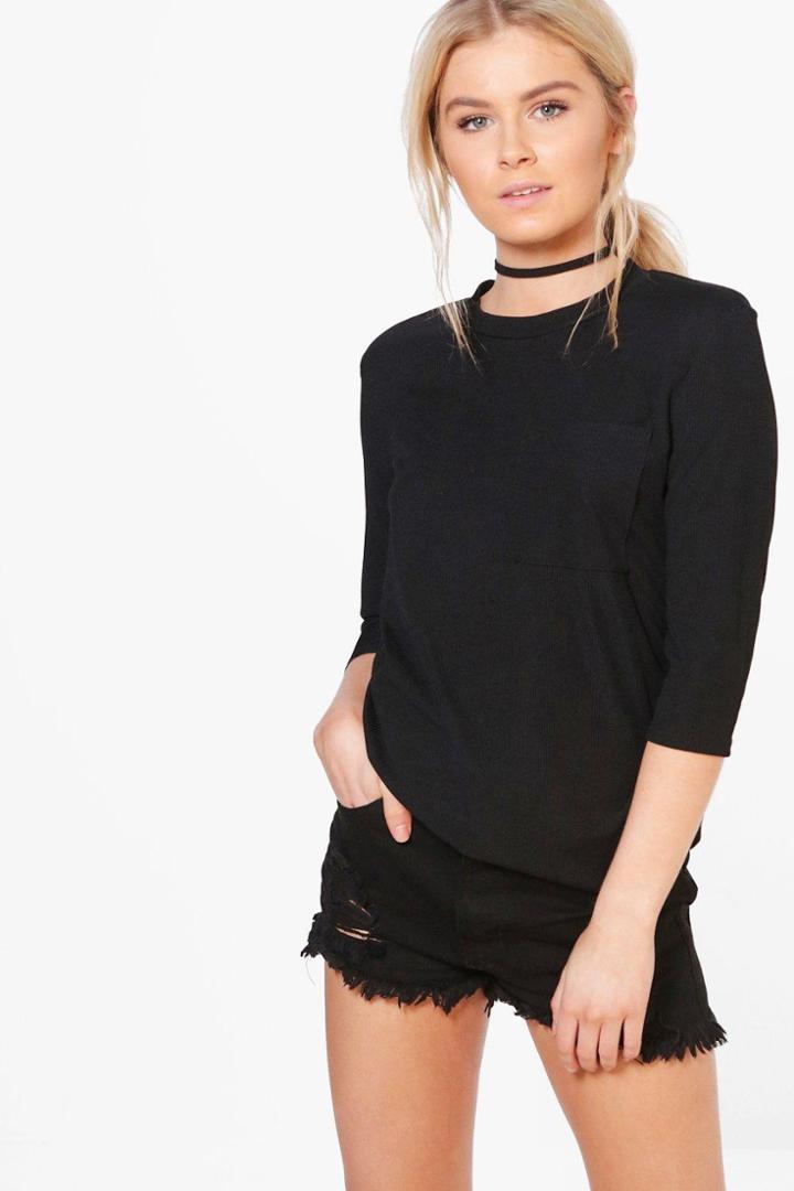 Boohoo Vanessa Oversized Rib Knit Pocket T-shirt Black