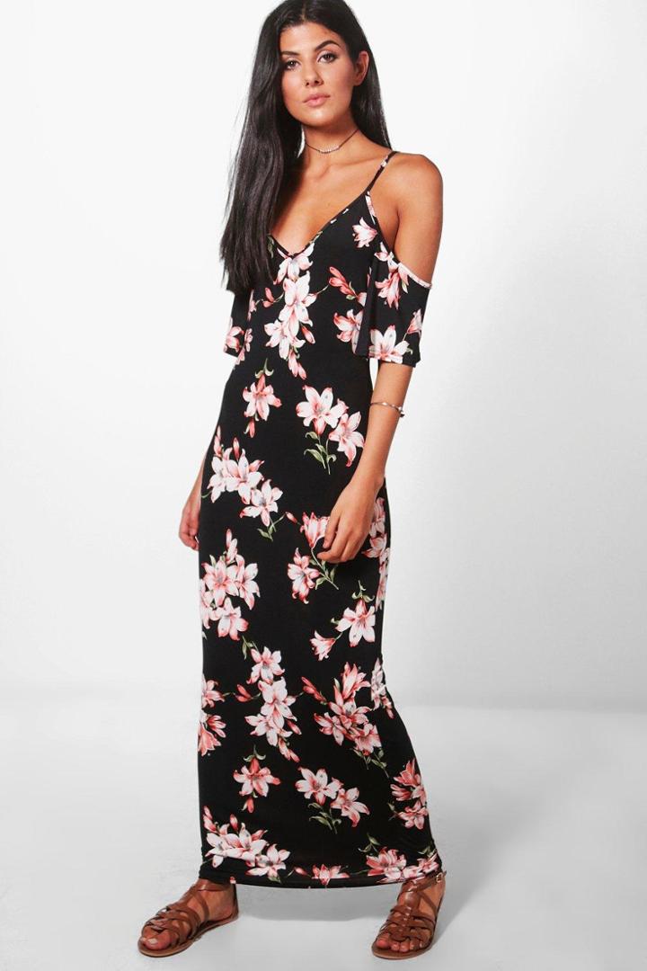 Boohoo Daniella Floral Cold Shoulder Frill Maxi Dress Black