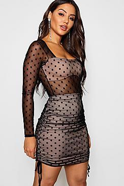 Boohoo Spotty Mesh Ruched Side Mini Skirt
