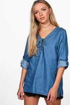 Boohoo Ellie Eyelet Lace Up Denim Top