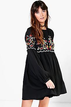 Boohoo Ana Embroidered Smock Dress