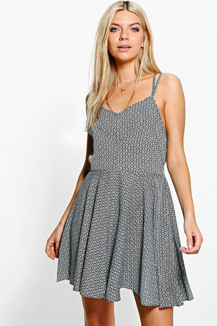 Boohoo Grace Printed Skater Dress Black