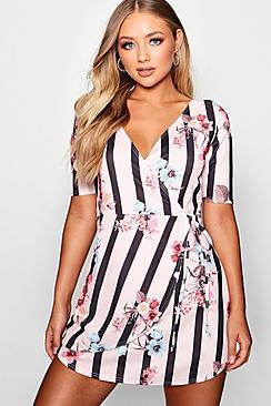 Boohoo Floral Stripe Wrap Tie Detail Dress