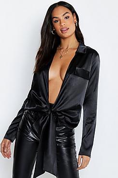 Boohoo Tall Satin Utility Pocket Plunge Shirt