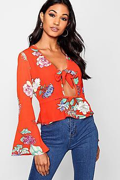 Boohoo Floral Tie Front Cut Out Top