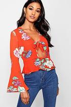 Boohoo Floral Tie Front Cut Out Top