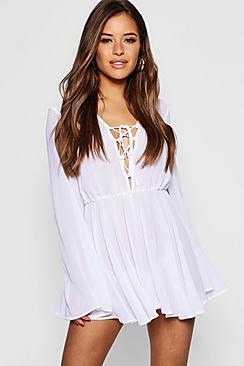 Boohoo Petite Chiffon Lace Up Beach Dress