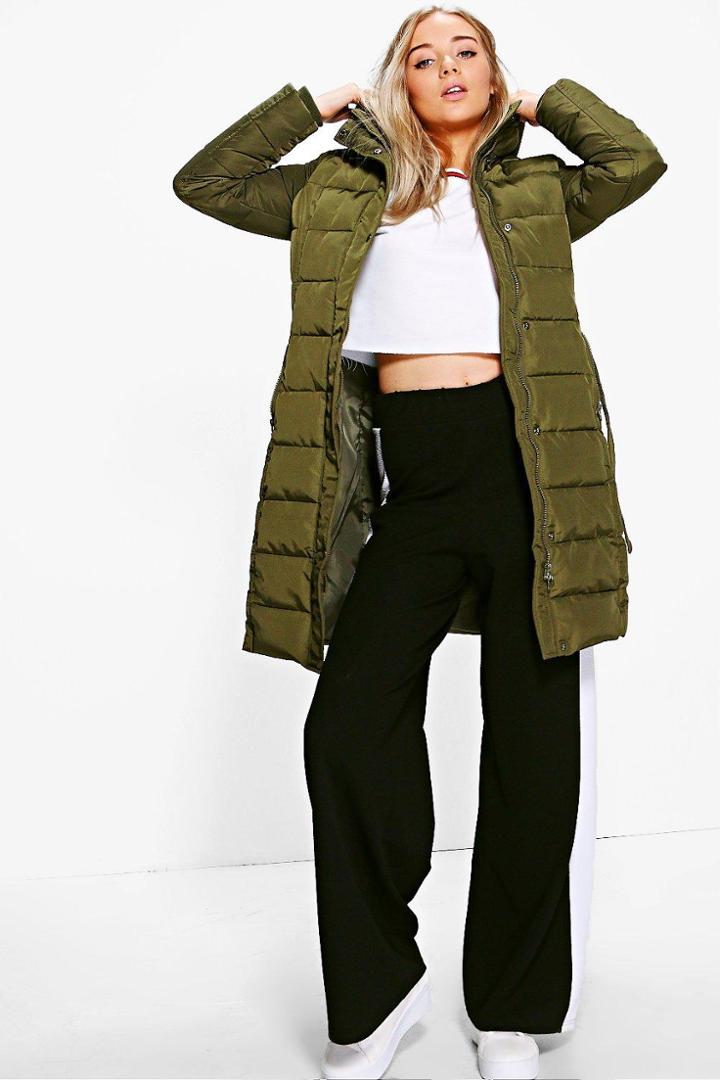Boohoo Abbie Longline Padded Belted Coat Khaki