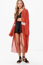 Boohoo Jackie Chiffon Kimono With Crochet Tie Waist Terracotta