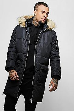 Boohoo Longline Puffer With Faux Fur Hood Trim