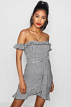 Boohoo Leah Tonal Gingham Frill Strap Wrap Mini Dress