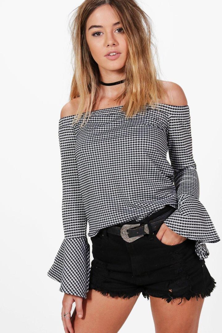 Boohoo Petite Jayde Off The Shoulder Gingham Top Black