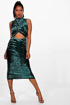 Boohoo Velvet Wrap And Ruched Midi Dress