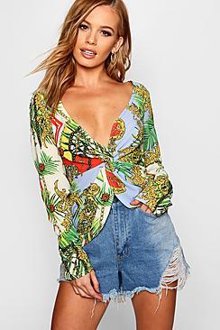 Boohoo Petite Megan Twist Front Printed Blouse