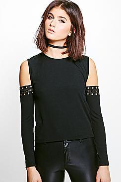 Boohoo Lola Rib Eyelet Cold Shoulder Top