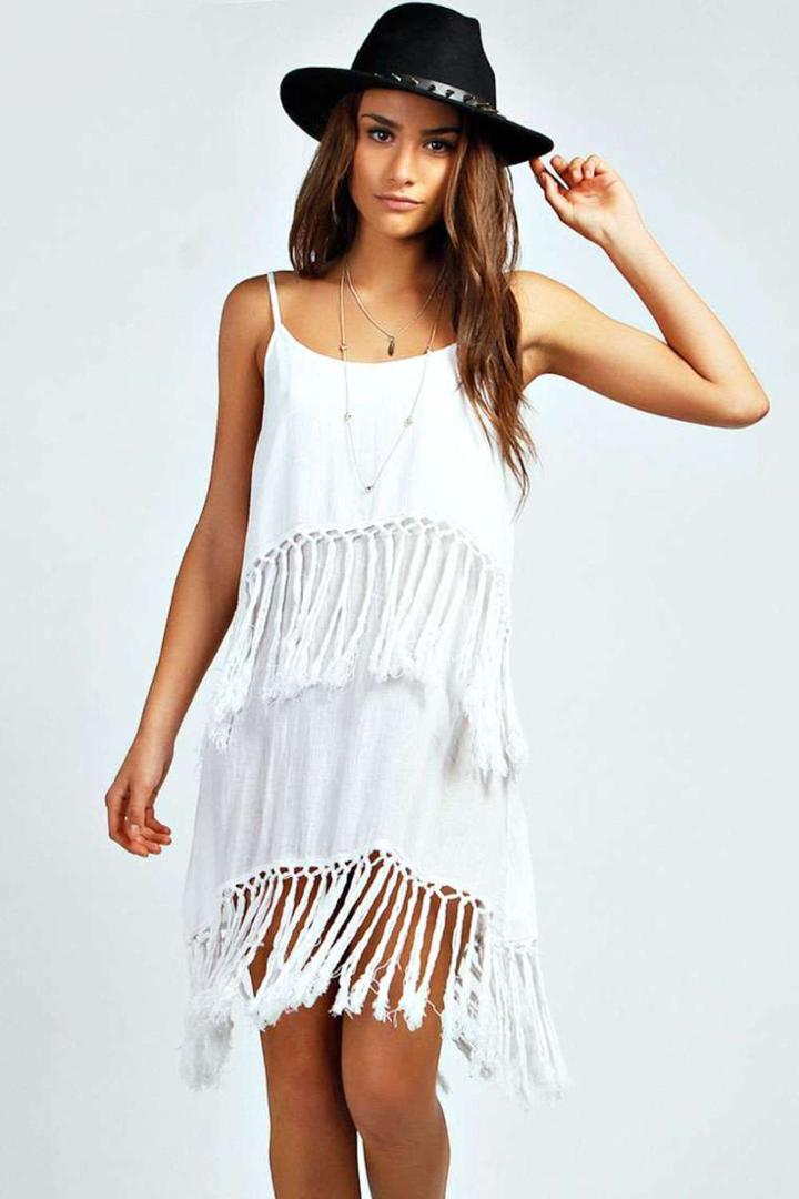 Boohoo Esther Double Layer Fringed Beach Dress - White