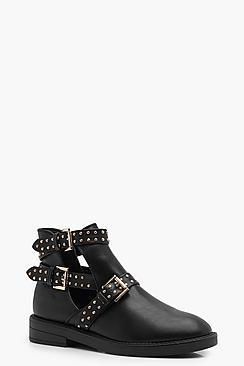 Boohoo Megan Pin Stud Wrap Strap Cut Out Boot