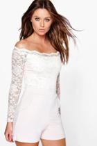 Boohoo Zoe Scallop Off Shoulder Lace Playsuit Nude