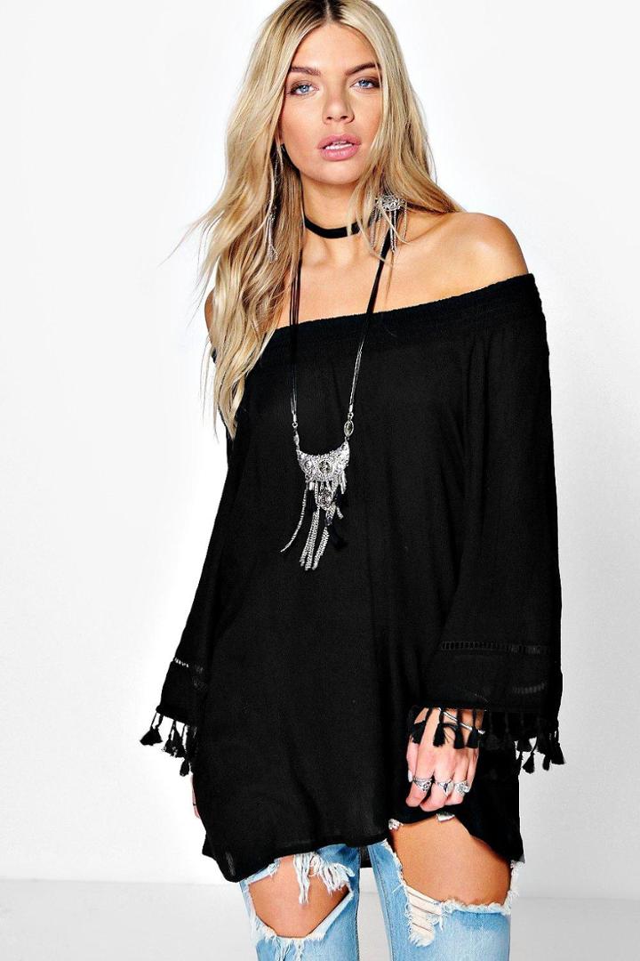 Boohoo Lola Woven Tassel Sleeve Off The Shoulder Top Black