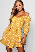 Boohoo Polka Dot Off Shoulder Ruffle Mini Dress