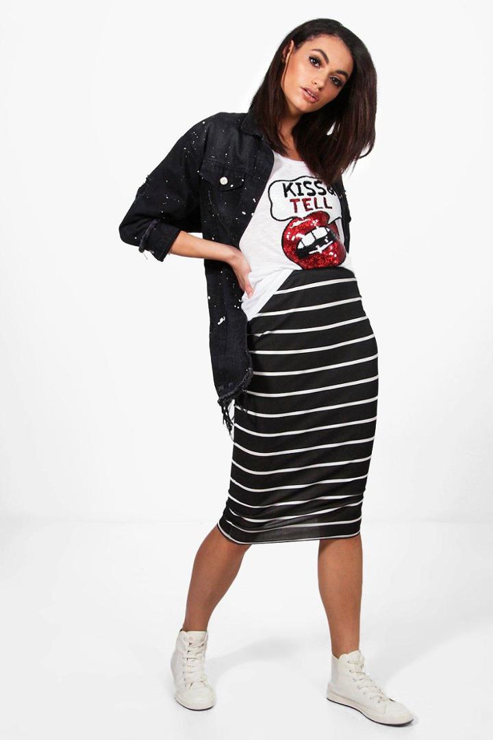 Boohoo Aurora Monochrome Stripe Midi Skirt Black