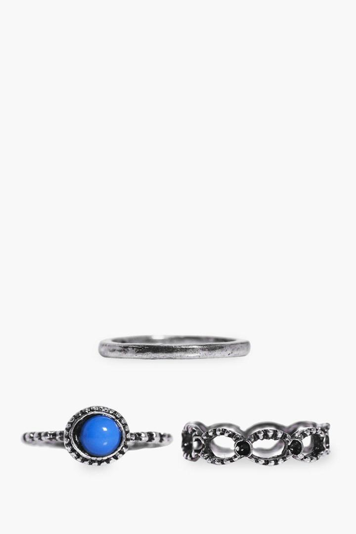 Boohoo Ivy Mixed Design Blue Stone Stack 3 Ring Pack Silver