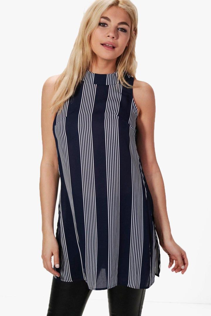 Boohoo Sarah Stripe Sleeveless Tunic Navy