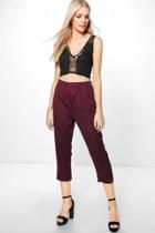 Boohoo Neve Wrap Front Textured Matte Satin Trousers Aubergine