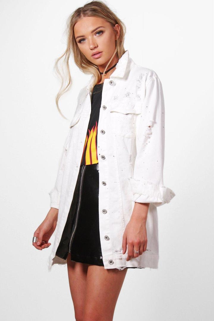 Boohoo Jilly Longline Paint Splatter Jean Jacket White