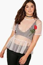 Boohoo Plus Nat Mesh Embroidered Peplum Top