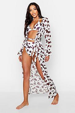 Boohoo Cow Print Maxi Beach Kimono