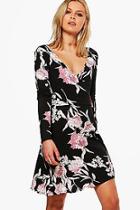 Boohoo Rockie Floral Long Sleeved Wrap Dress