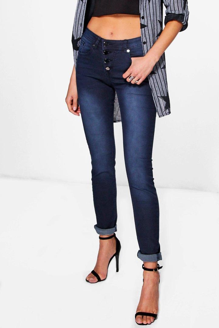 Boohoo Lyla Midrise Button Front Skinny Jeans Indigo