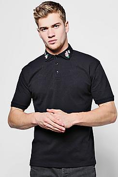 Boohoo Floral Embroidered Collar Polo