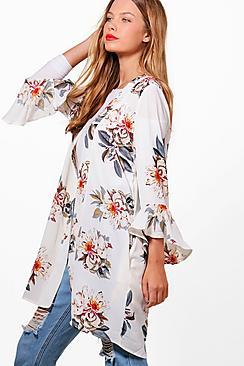 Boohoo Emely Ruffle Woven Floral Kimono