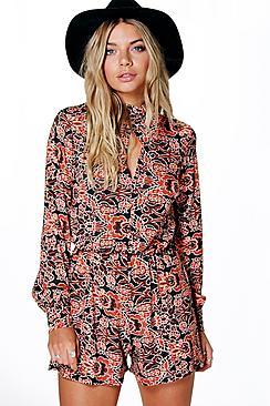 Boohoo Eva Boho Print Balloon Sleeve Playsuit