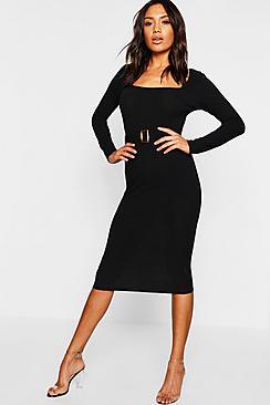 Boohoo Tortoise Shell Buckle Ribbed Midi Dress