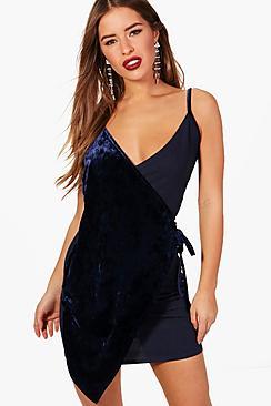 Boohoo Petite Laura Mix Fabric Strappy Wrap Dress
