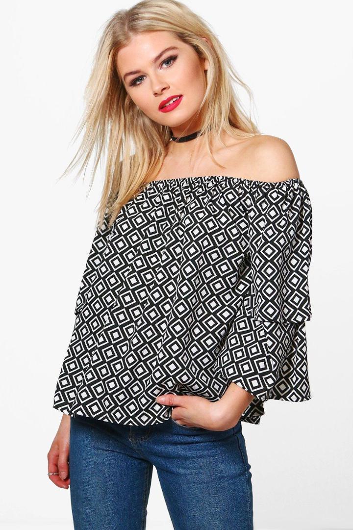 Boohoo Melissa Mono Printed Ruffle Off The Shoulder Top Multi