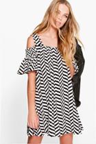 Boohoo Emily Zig-zag Print Cold Shoulder Swing Dress Black