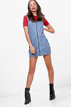Boohoo Luna Zip Through Denim Pinafore Dress
